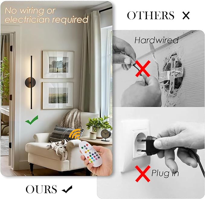 Battery Operated Wall Sconces Set of Two, with Remote Control, Dimmable, Warm White/Natural White/Daylight/RGB, 350°Rotate, LED Black Wireless Wall Light for Living Room, Bedroom, 20.4 Inch - Bloomnest