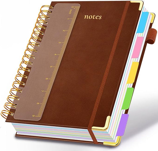 Hardcover Spiral Notebook 8"x10" Journal Notebook with Tabs and Removable Dividers 300 Pages 5 Subject Notebook College Ruled, Faux Leather Spiral Bound Notebook for Women School Work (Brown) - Bloomnest