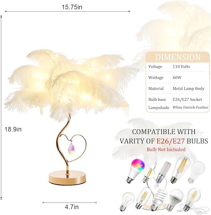 White Ostrich Feather Lamp Princess Fluffy Bedside Lamp Romantic Feather Table Lamp Nightstand Light for Girl Bedroom Wedding Decor Valentine Dating Living Room Hotel Office - Bloomnest