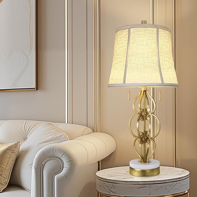 Scenekoy 27.75” Iron Art Table Lamp Set of 2 for Bedroom Living Room, Gold Leaf Night Stand Bedside Lamps with USB Ports, Pull Chains Modern Nightstand Lamp Line Shade for Home Decor (Bulbs Included) - Bloomnest