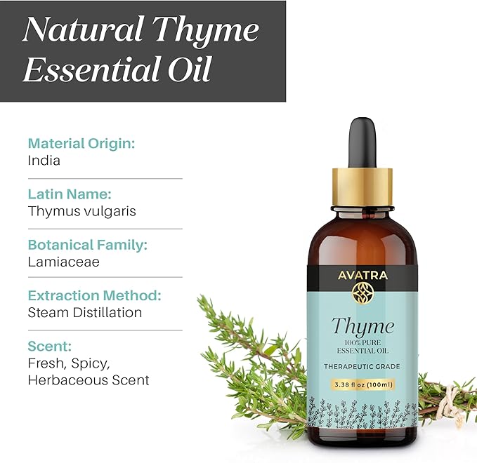 Avatra Thyme Essential Oil 100ML (3.38 OZ) with Glass Dropper and Travel Bottle, Pure and Natural Therapeutic Grade Thyme Oil for Diffuser, Aromatherapy, Massage, and DIY Candle Products - Bloomnest