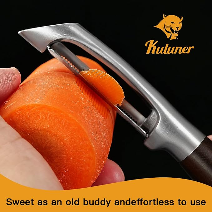 Serrated Blade Premium I Type 304 Stainless Steel Multifunctional Kitchen Peeler Real Wood Handle Ultra Sharp Blade Vegetable Potato Apple(Carbonized Wood) - Bloomnest