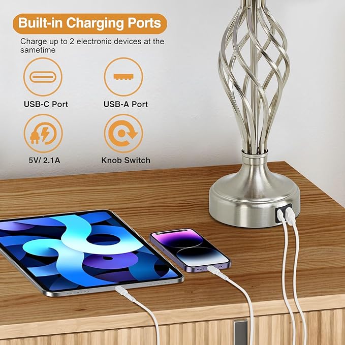 Table Lamp for Bedroom Set of 2 with USB C+A Ports, Modern Bedside Lamps with Spiral Cage Base, White Fabric Shade, Nightstand Lamp for Living Room Reading Bed Side End Table, 2 LED Bulbs Included - Bloomnest