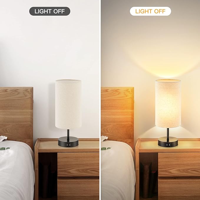 Touch Control Bedside Lamp with 2 USB Ports, 3-Way Dimmable Table lamp for Bedroom, Nightstand Lamp with Round Linen Fabric Shade for Living Room Home Office (E26 LED Bulb Included) - Bloomnest