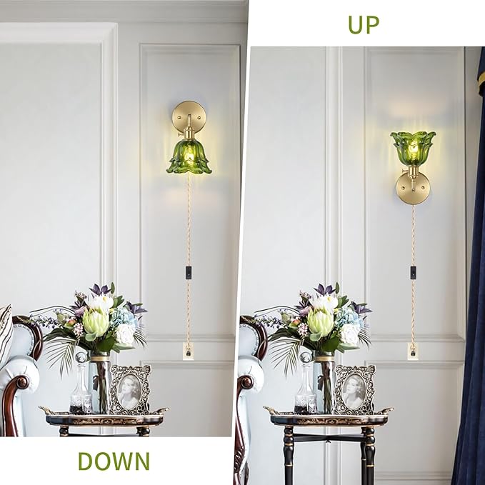 Vintage Plug in Wall Sconces Set of 2, Rose Green Lampshade & 180 Degree Adjustable, Brass Wall Lights, for Bedroom Living Room Hallway Aisle, Bulbs Not Included, ETL Listed - Bloomnest