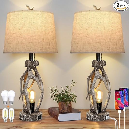 28" Touch Rustic Antler Table Lamps Set of 2 for Bedroom, 3 Way Dimmable Farmhouse Nightstand Lamps with USB + Type C Ports for Living Room End Table Cabin Decor (Included 4 Bulbs) - Bloomnest