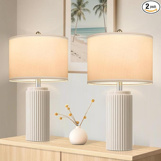 23.5’’ Beige Modern Ceramic Table Lamps Set of 2 for Living Room, Farmhouse Bedside Lamps with Upgraded White Linen Shade, Rustic Nightstand Lamps for Bedroom Home Office, Vintage End Table Dorm - Bloomnest