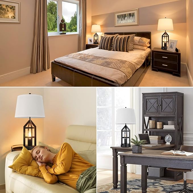 BesLowe 2-Light Farmhouse Touch Table Lamps, 3-Way Dimmable Bedside Lamps with 2 USB Ports for Bedroom, Rustic End Table Lamps for Living Room with White Shades, 4 LED Bulbs Included, Set of 2 - Bloomnest