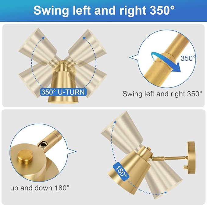 Plug in Wall Sconces, Dimmable Wall Sconces Adjustable Angle Wall Lights with Plug in Cord and Dimmer On/Off Knob Switch, Gold Wall Mounted Light for Bedroom Bedside Stairway(2 Pack, 2 Bulbs) - Bloomnest