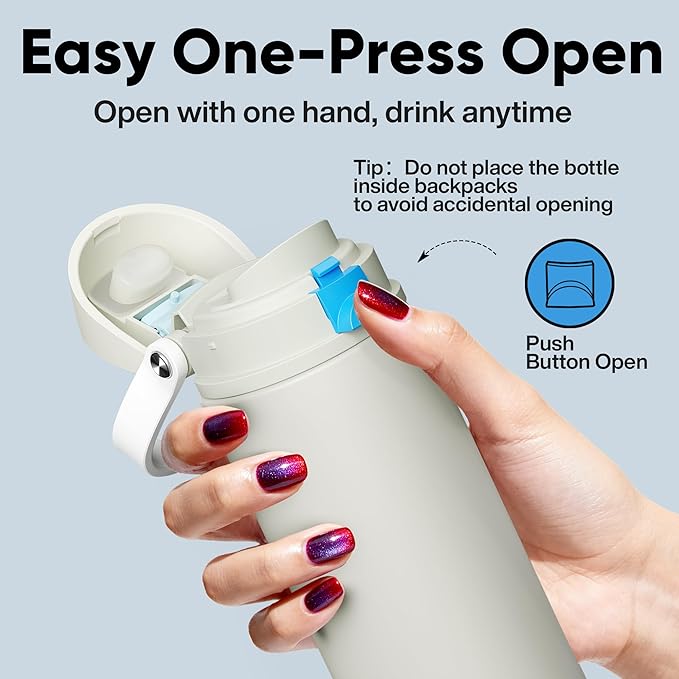 Insulated Water Bottle with Straw - Encool Stainless Steel Water Bottle with Push Button Lid, Leak-Proof & BPA-Free, Keeps Cold for 24 Hours for Sports, Travel, Gym (24 oz, Kangaroo Grey) ENCOOL