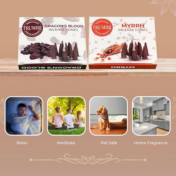 TRUMIRI Incense Cones - Combo Pack of 20 Cone Incense - 10 Myrrh + 10 Dragons Blood - Insence Cones - Incense Cones Scented - Cone Incense Scents - Insense Cones - Incent Cone TRUMIRI
