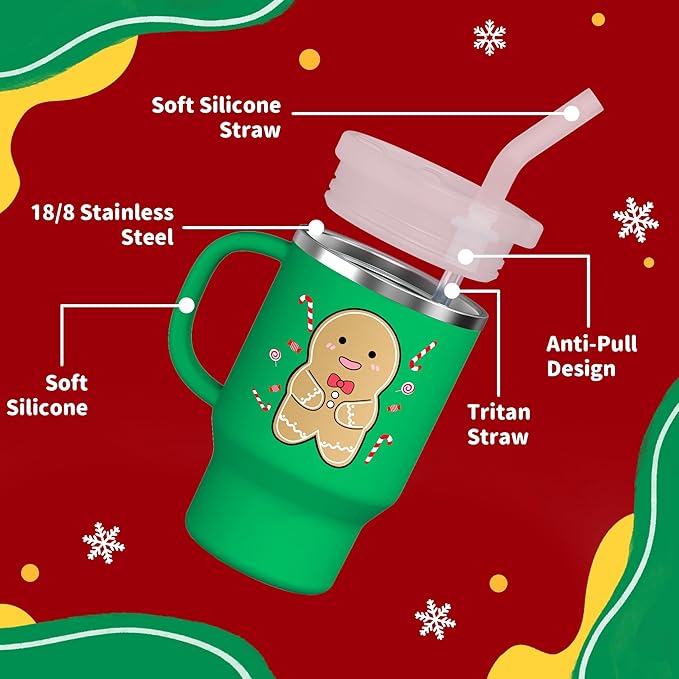 Bella's Friends Christmas Mini Tumbler- 9 0z Toddler Sippy Cup, Flexible Straw, Stainless Interior & Silicone Body, Christmas Gift for 1-3 Years Old Girls & Boys, Gingerbread Man & Polar Bear (2 Pack) - Bloomnest