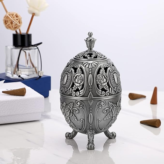 JUXYES Vintage Incense Burner Holder with Removable Ash Catchers, Metal Censer Antique Cone Coil Incense Burner Holder Zinc Alloy Spiritual Aromatherapy Yoga Meditation Gifts Retro Home Decoration - Bloomnest