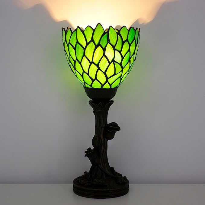 Small Tiffany Lamp Mini Stained Glass Table Lamp Green Wisteria Accent Desk Uplight W6 H13.5 Inch Bronze Resin Base - Bloomnest