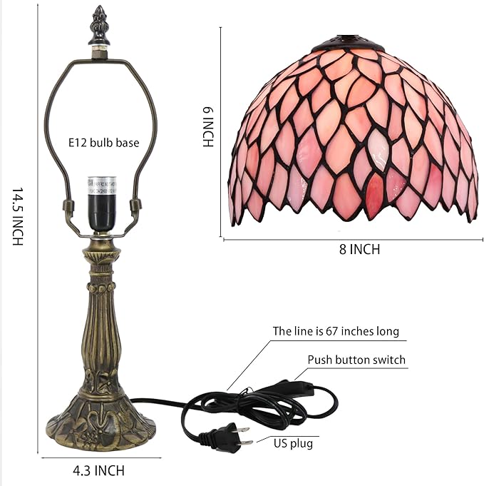 Small Tiffany Lamp Mini Accent Table Lamp Stained Glass Desk Memory Lamp Sympathy 8X14.5 Inch (Pink Wisteria) - Bloomnest