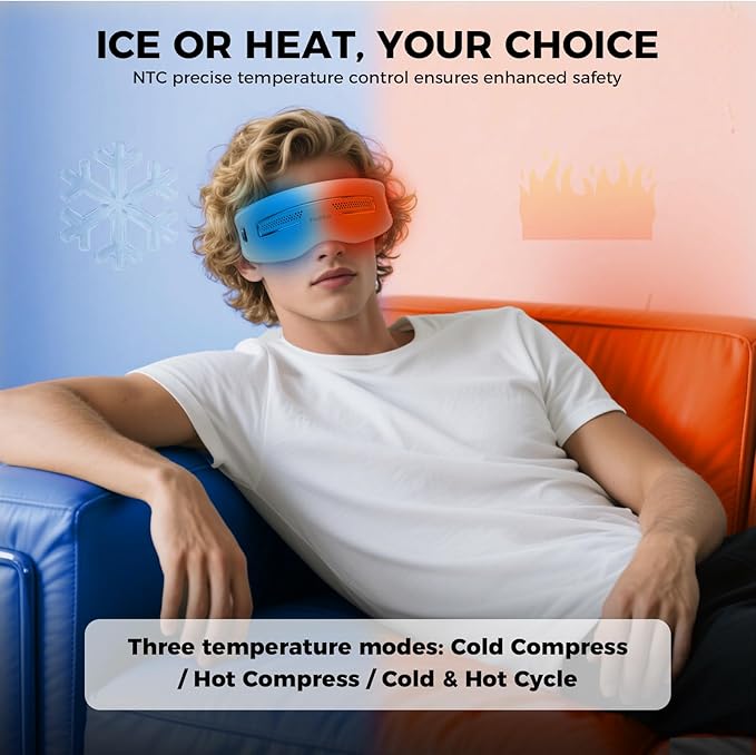 Eye Massager with Heat and Cooling, 12 Vibrators, 4 Massage Modes, 3 Temp Settings, Rechargeable Bluetooth Music, Gifts for Women/Men,Smart Sleep Mask for Relax, Reduce Strain - Bloomnest