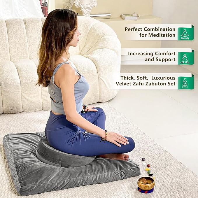Hihealer Meditation Cushion, Traditional Tibetan Meditation Pillow Velvet Cover - Large Floor Cushion Seating for Adults - Yoga Buckwheat Bolster for Women、Moms - Bloomnest