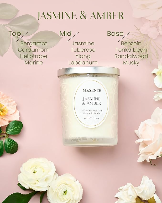 M&SENSE Jasmine Amber Candle, Cracking Wooden Wick Soy Wax, 18oz 100 Hours Long Lasting Clean Burn, Large Jar Candles for Home Scented, Non-Toxic Relaxing Aromatherapy Gifts for Women - Bloomnest