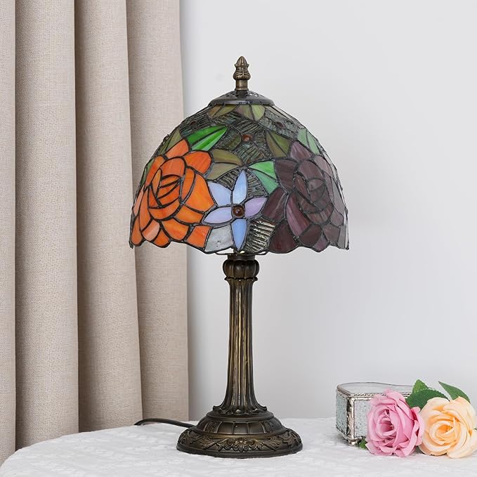 8 Inch Tiffany Stained Glass Lamp, Red And Orange Rose Flower Design, Victorian Vintage Style Bedside Lamp, Suitable For Bedroom Dining Room Office Hotel And Other Home Decoration (Gorgeous Rose) - Bloomnest