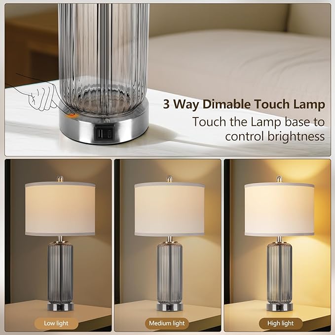 Table Lamps Set of 2 with Touch Control, 3-Way Dimmable Nightstand Lamp with Vertical Grained Glass, Grey Bedside Table Lamps, 27" Modern Glass Bedside Lamps with USB A+C Ports, Desk Lamp for Bedroom - Bloomnest