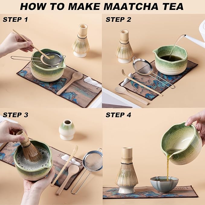 Matcha Set 7-Piece Tea Set with Brush, Bowl, Whisk, Strainer, Chasen, for Matcha Tea Ceremony （Gradient Green） - Bloomnest