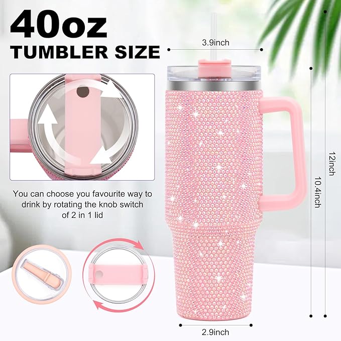 40 oz Tumbler with Handle and Flip Straw Lid, Insulated Leak Proof Double Walled Stainless Steel Rhinestone Diamond Studded Bling Travel Mug Tumblers, Maintains Cold Ice and Heat for Hours - Bloomnest