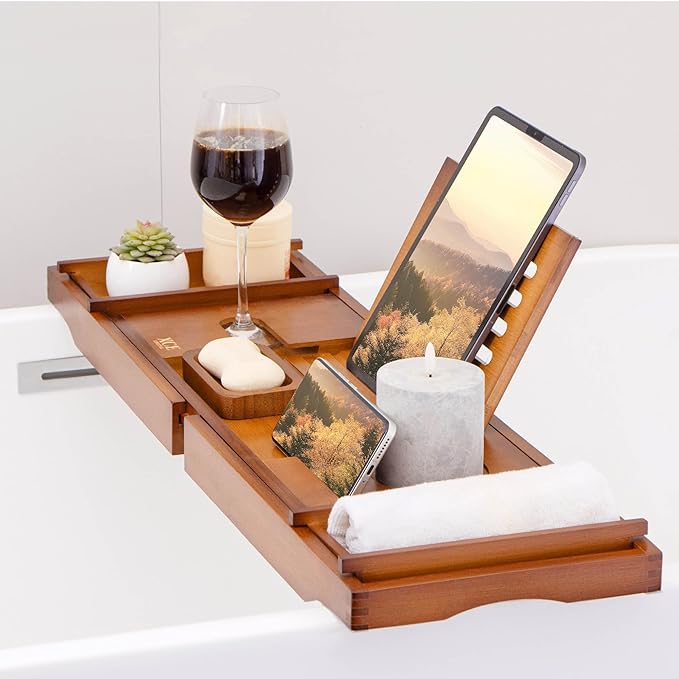 XcE Bamboo Bathtub Caddy Tray - Expandable to 41 Inches with Book Stand, Soap Holder & Anti-Slip Pads for Luxury Bath Spa, Brown - Bloomnest