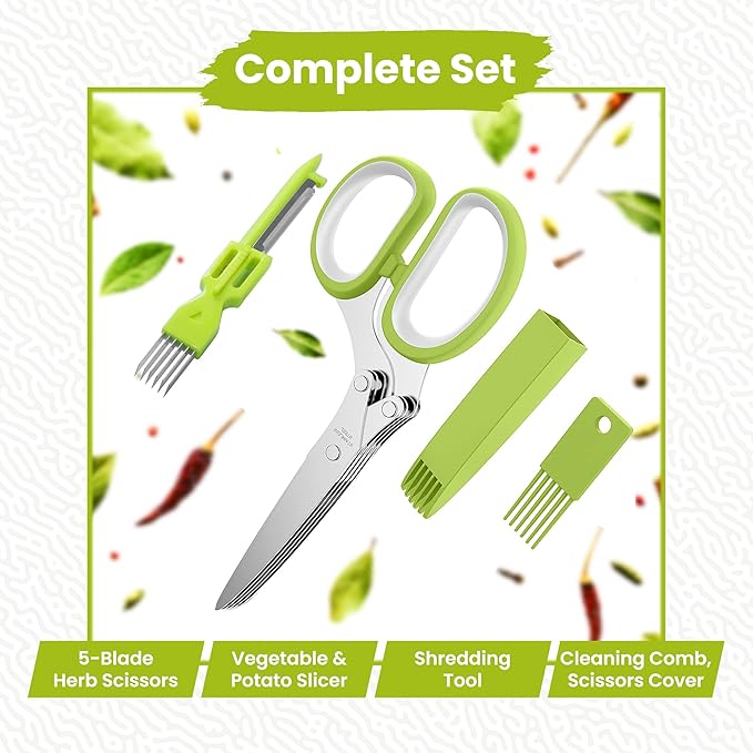 5-Blade Stainless Steel Herb Scissors Set with Vegetable Peeler, Shredder & Cleaning Comb – Multi-Use Herb Stripper for Chopping, Slicing, Shredding Kale and Fresh Herbs - Bloomnest