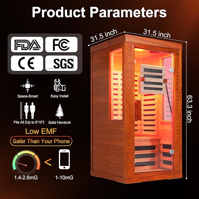 Low EMF Full Spectrum Infrared Sauna with FDA-Certified Red Light Therapy, Fast Heat-Up 1170W 110V, 1-Person Carbon Fiber Dry Sauna, Canadian Hemlock for Home Bloomnest