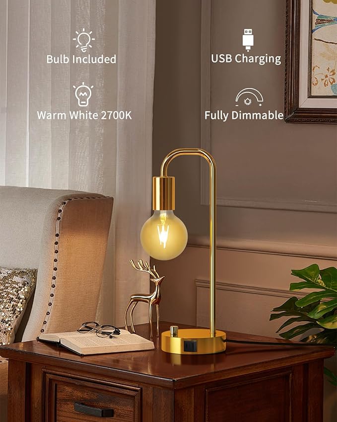 ONEWISH Industrial Table Lamp Set of 2 with USB A&C Charging Port, Stepless Dimmable Nightstand Bedside Lamps for Bedroom,Desk Lamps with 2700K Gold Gradient Bulb for Reading Living Room - Bloomnest