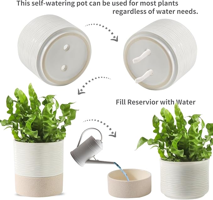 Nihow Self Watering Plant Pot for Indoor Plants: 4.5+6 Inch Ceramic Planter with Drainage Hole & Water Storage Plus - Cylinder Flower Pot with Wick for Herbs -White & Brown - Bloomnest