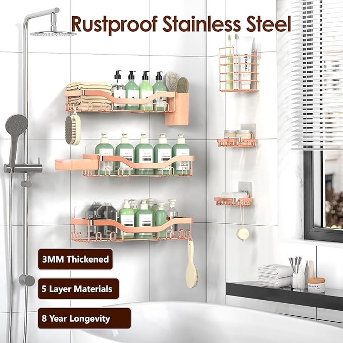 Shower Caddy Adhesive Shower Organizer 8-Pack, Rustproof Stainless Steel Bathroom Shelves, Large Capacity No-Drill Rack Storage Accessories with Soap Dish Toothbrush Holder Hooks - Bloomnest