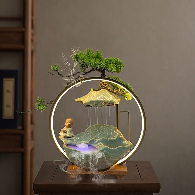 16In Bonsai Tree Statue Water Fountains Indoor Tabletop Waterfall Humidifier with LED Light and Atomizer Mist, Japanese Zen Decor Meditation Fake Plants Bonsai Feng Shui Decor Festival Birthday Gift - Bloomnest