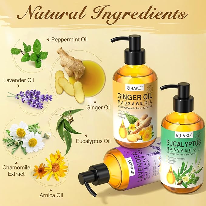 3 Pack Massage Oil for Massage Therapy,Ginger for Lymphatic Drainage, Lavender for Relaxation, Eucalyptus Mint for Muscle Relief | Massage Therapy & Date Night Spa Gift with Massage Ball for Him & Her - Bloomnest
