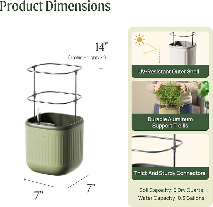 Vego garden Mini Planter Indoor Pots with Trellis Self-Watering Herb Countertop Planter for Climbing Vegetables Flowers Mint Plants Cage- Sage Green - Bloomnest