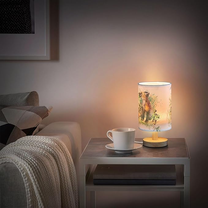 Table Lamp Fox Animal Dragonfly Frog in Floral Grass Woodland Nightstand Lamp with Wood Base Fabric Lamp Shade Bedside Desk Lamp for Living Room Bedroom Kids Room Office - Bloomnest