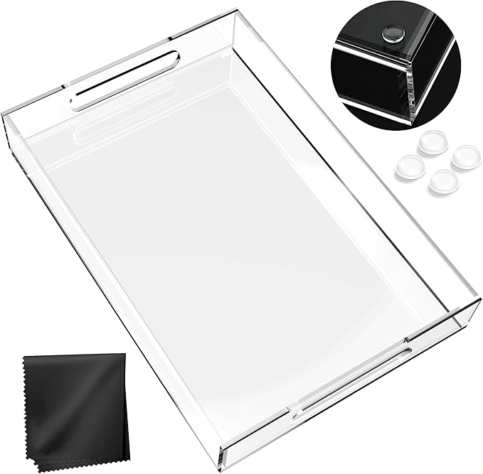 Acrylic Tray 15x10 with Cut Handles - Spill Proof Decorative Tray is an Ideal Countertop Organizer for Living Rooms, Ottoman Coffee Tables, Offices, Kitchens & Serving Guests - Bloomnest