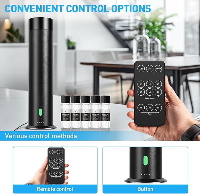 Waterless Scent Diffuser Starter Kit - 800 Sq Ft Coverage, Hotel Scent Diffuser, Essential Oil Diffuser Large Room, Included 5 Scent Oils, Remote Control, Black, 11.20In - Bloomnest