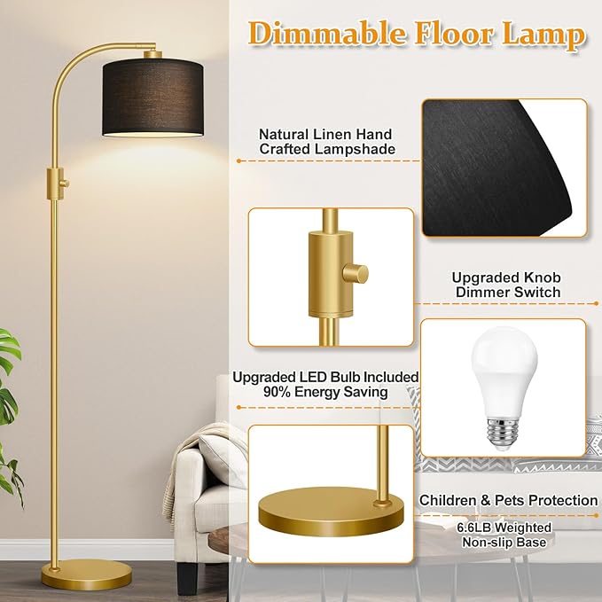 【Upgraded】 Dimmable Gold Floor Lamp, 1200 Lumens LED Bulb Included, Arc Floor Lamps for Living Room Modern Standing Lamp with Black Shade, Tall Lamp for Living Room Bedroom Office Reading Room Nursery - Bloomnest
