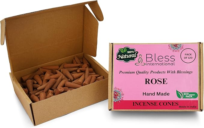Bless International Rose 100%-Natural-Incense-Cones Handmade-Hand-Dipped Organic-Chemicals-Free for-Purification-Relaxation-Positivity-Yoga-Meditation The-Best-scents (120 Count)