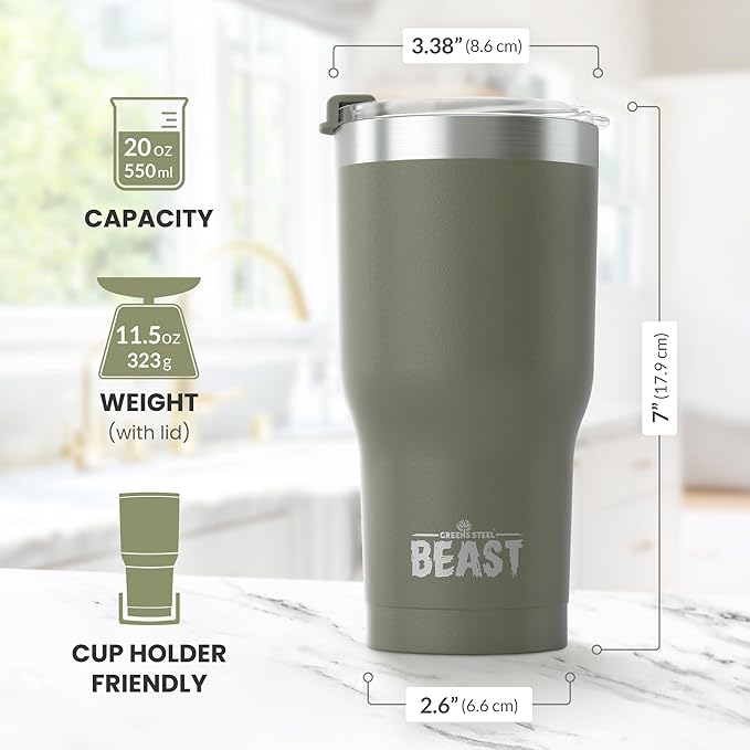 Beast 20 oz Tumbler Stainless Steel Vacuum Insulated Coffee Ice Cup Double Wall Travel Flask (Army Green) - Bloomnest