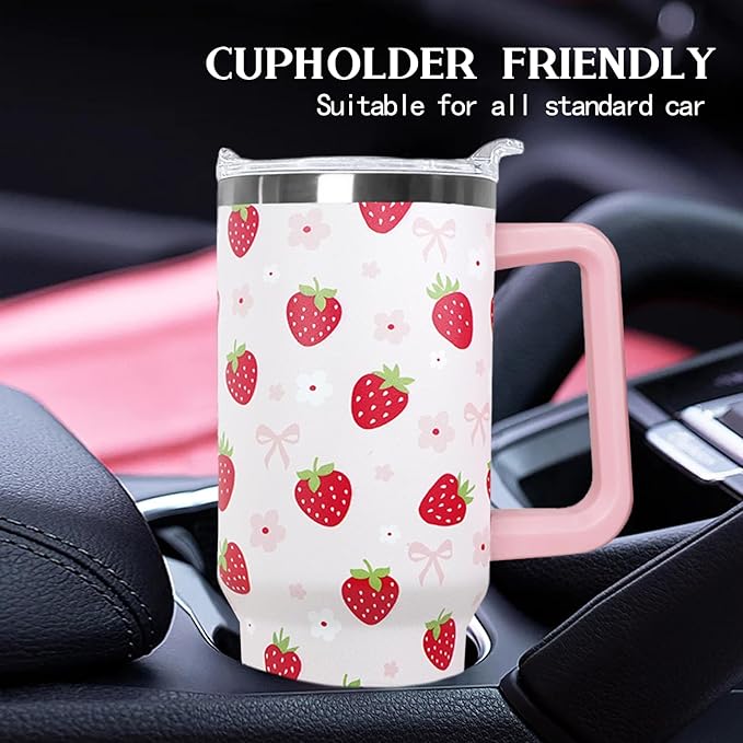 Ceovfoi 40oz Strawberry Tumbler With Handle Lid and Straw,Strawberry Floral Coffee Mug Cup Water Bottles,Strawberry Themed Gifts for Women,Strawberry Decor Stuff Accessories - Bloomnest