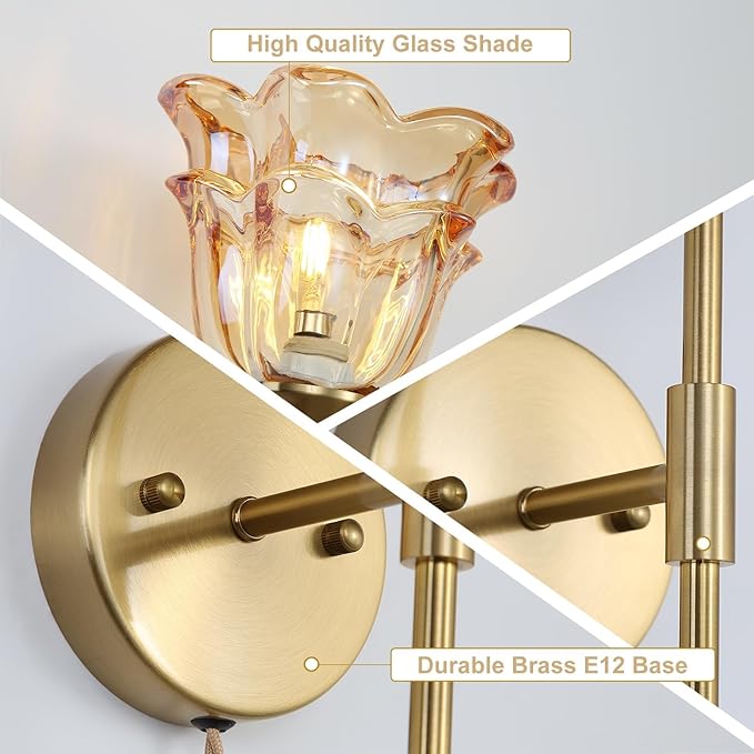 2 Pack Plug in Gold Wall Sconce with Modern Amber Glass Shades, Modern Mid Century Bathroom Vanity Wall Light Fixtures, Industrial Brushed Brass Wall Lamp, for Bedroom Mirror Living Room - Bloomnest
