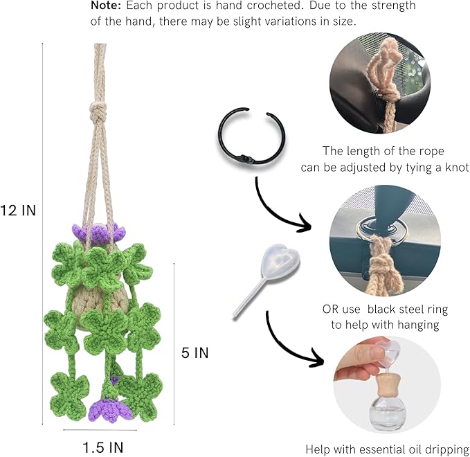 Handmade Crochet Hanging Car Air Freshener - Lucky 4-Leaf Clover Charm with 12ml Refillable Glass Essential Oil Diffuser Bottle, St. Patrick's Day Car Accessories & Bedroom Lucky Decor - Bloomnest