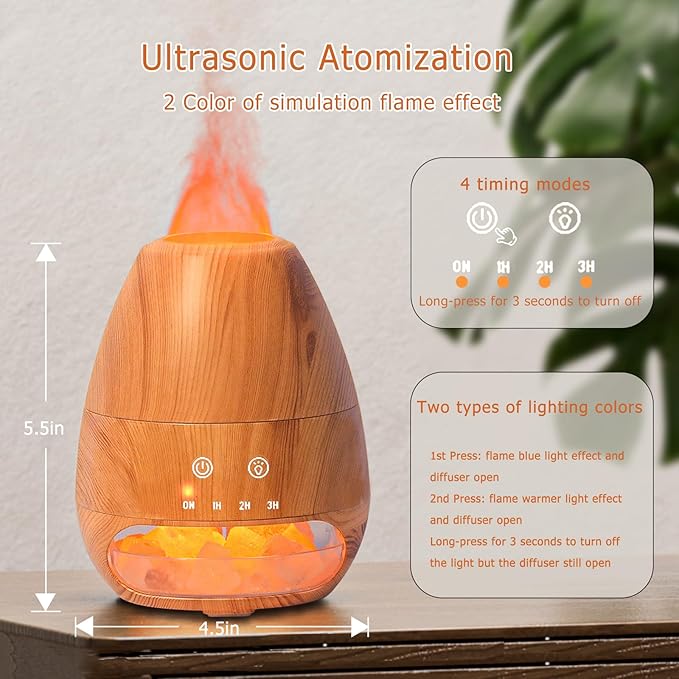 Ultrasonic Essential Oil Diffuser with Himalayan Salt Rock,Flame Diffuser with 2 Color Light,Small Aromatherapy Oil Diffuser with Auto Off Function for Home, Office,Spa,100ML,Wooden Grain - Bloomnest