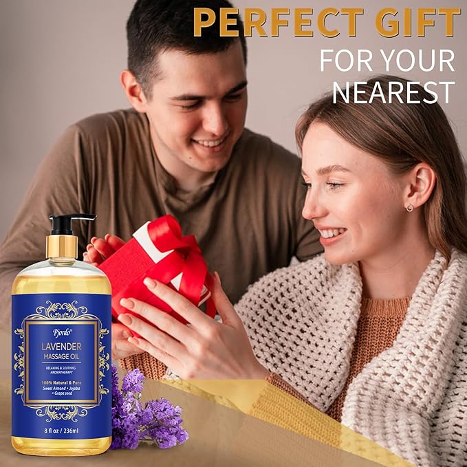 Aromatherapy Lavender Massage Oil for Calming, Soothing & Relaxing, Natural Body Massage Oil for Massage Therapy with Jojoba & Sweet Almond, No Stain & Non-Sticky, Spa Gift for Her Him