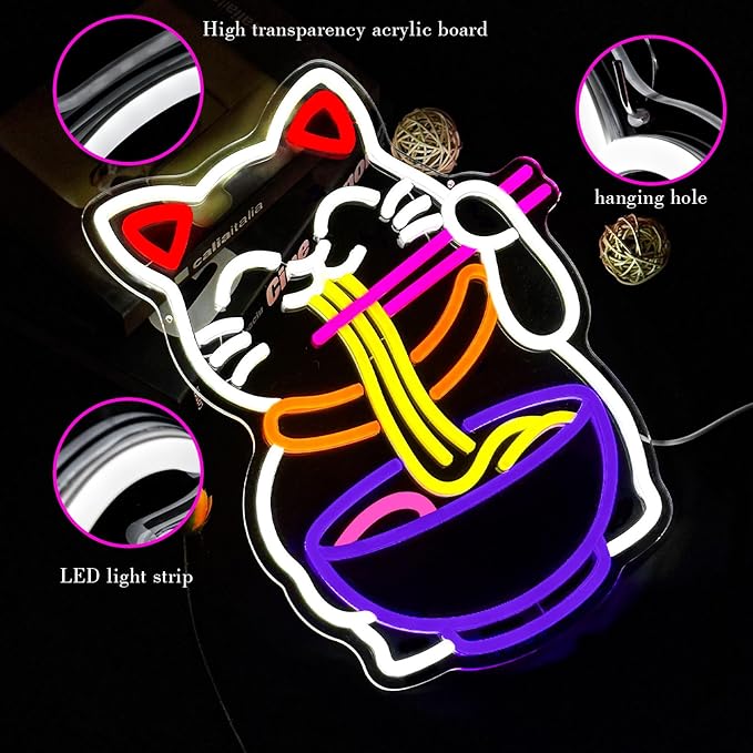 Fortune Cat Ramen Neon Sign, Japanese Noodle Neon Light Sign, Dimmable Lucky Cat LED Neon Lights for Wall Decor Restaurant Kitchen Ramen Shop Bar Room Gifts - Bloomnest