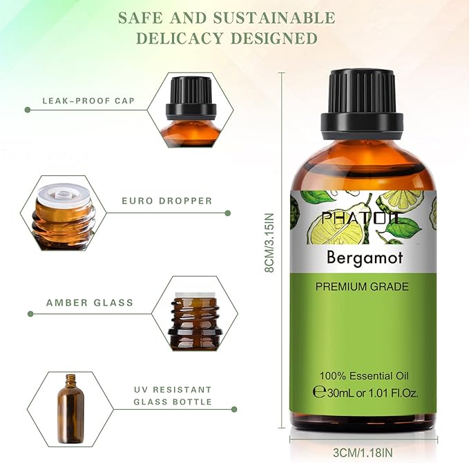 Bergamot Essential Oil 1.01fl.oz/30ml, PHATOIL Bergamot Oils Long Lasting Scents for Aromatherapy, Diffuser, DIY Soap and Candle Making - Bloomnest