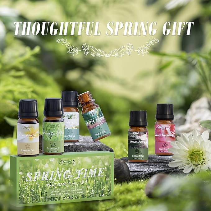 SALUBRITO Spring Fragrance Oils Set, Premium Essential Oils for Diffuser, Candle, Soap Making, After Rain, Gardenia, Fresh Cut Grass, Ocean Breeze, Freesia, Rose Geranium, Strong Scented Oils - Bloomnest