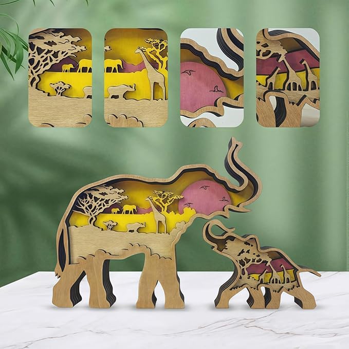 3D Wood Carving Animals Lamp Home Decorative, Cute Bear Family Elephant Presents Ideas Christmas Living Room Office Decor Warm LED Night Lights Gift for Friend Daughter Son Mom Dad (Elephant) - Bloomnest